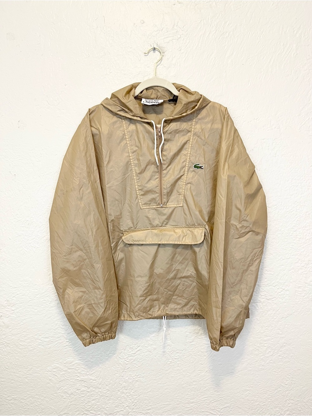 Vintage IZOD Lacoste Jacket 1/2 Zip Raincoat Hooded Tan Beige Packable Pocket M